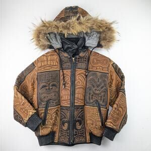 Y2K Vintage Jamu Youth Stitched Genuine Leather & Faux Fur Hood Jacket - 8 Youth